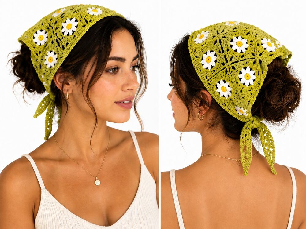 Handmade Crochet Daisy Triangle Scarf Kerchief Green Floral 16x9